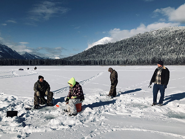 group of anglers at Fish Lake winter 2022