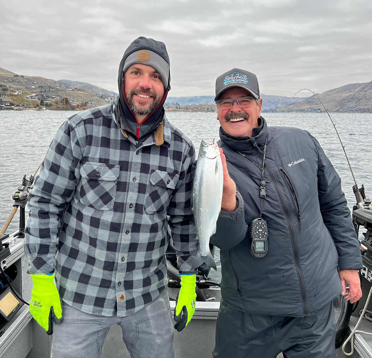 Jonathan Coinz and Dave Graybill with one of the kokanee they caught on Lake Chelan