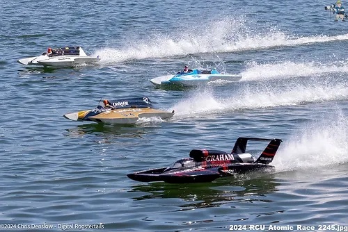 Racing action from the 2024 Atomic Cup for radio controlled unlimited hydroplanes.