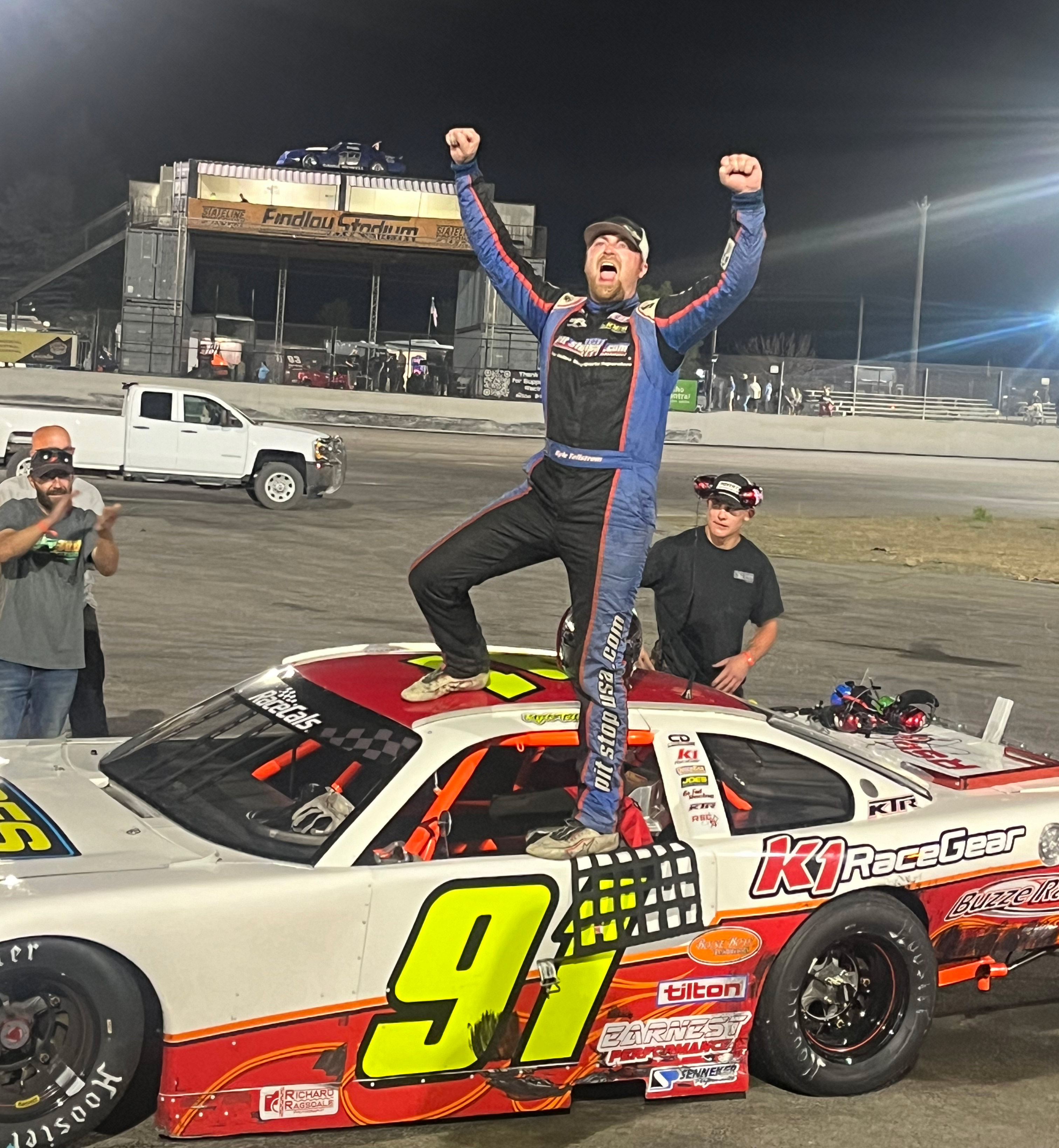 Kyle Tellstrom celebrates his Idaho 200 victory. 